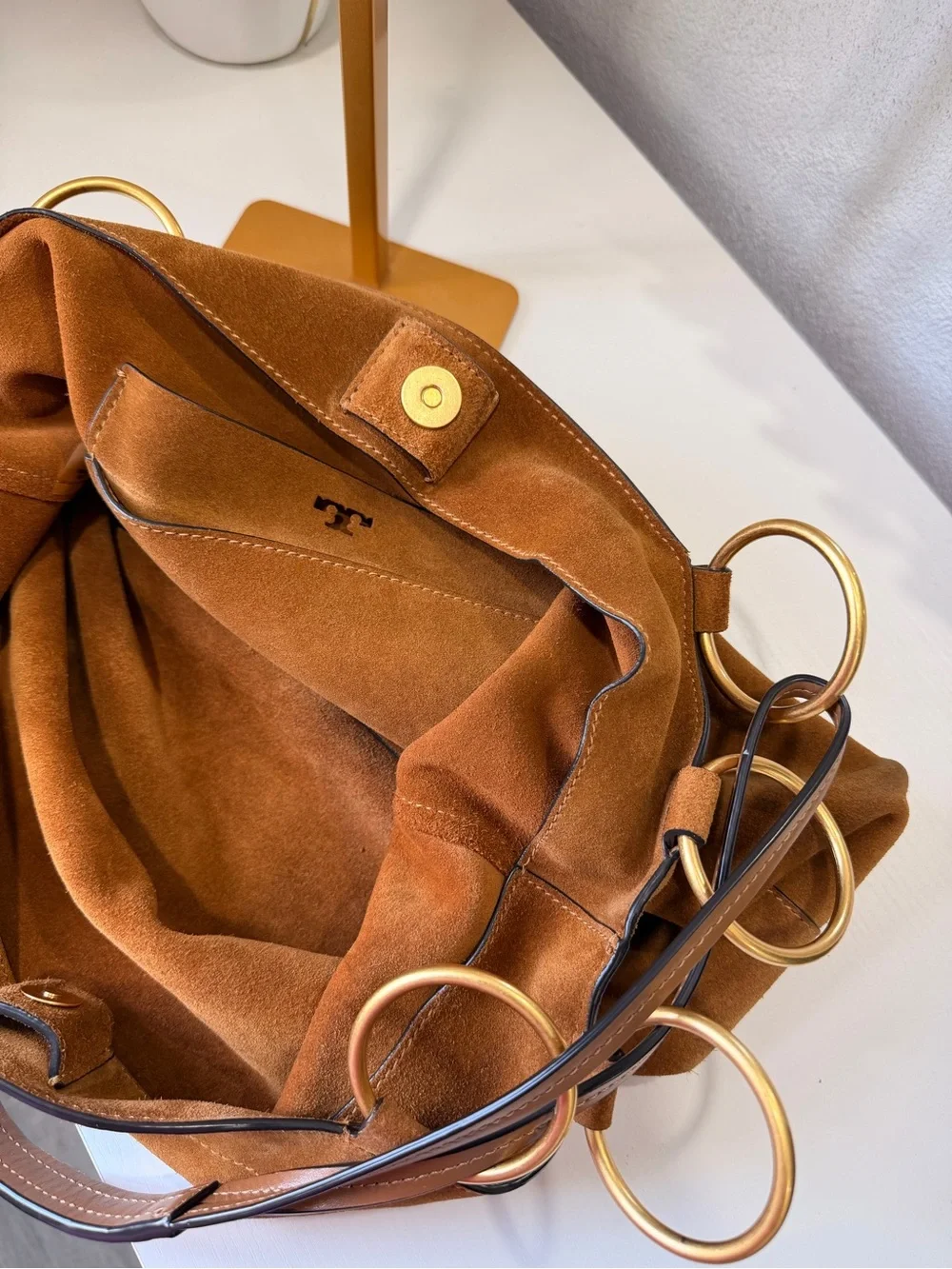 Tory Burch Brown Suede Shoulder Bag with Gold Ring Hardware
